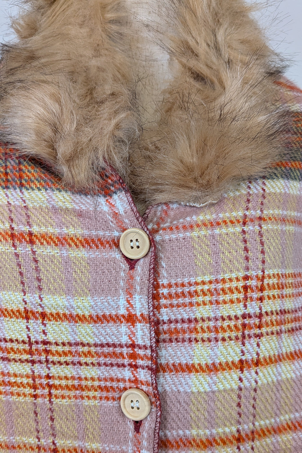 Plaid Faux Fur Collar Plaid Shawl Size S/M