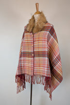 Plaid Faux Fur Collar Plaid Shawl Size S/M