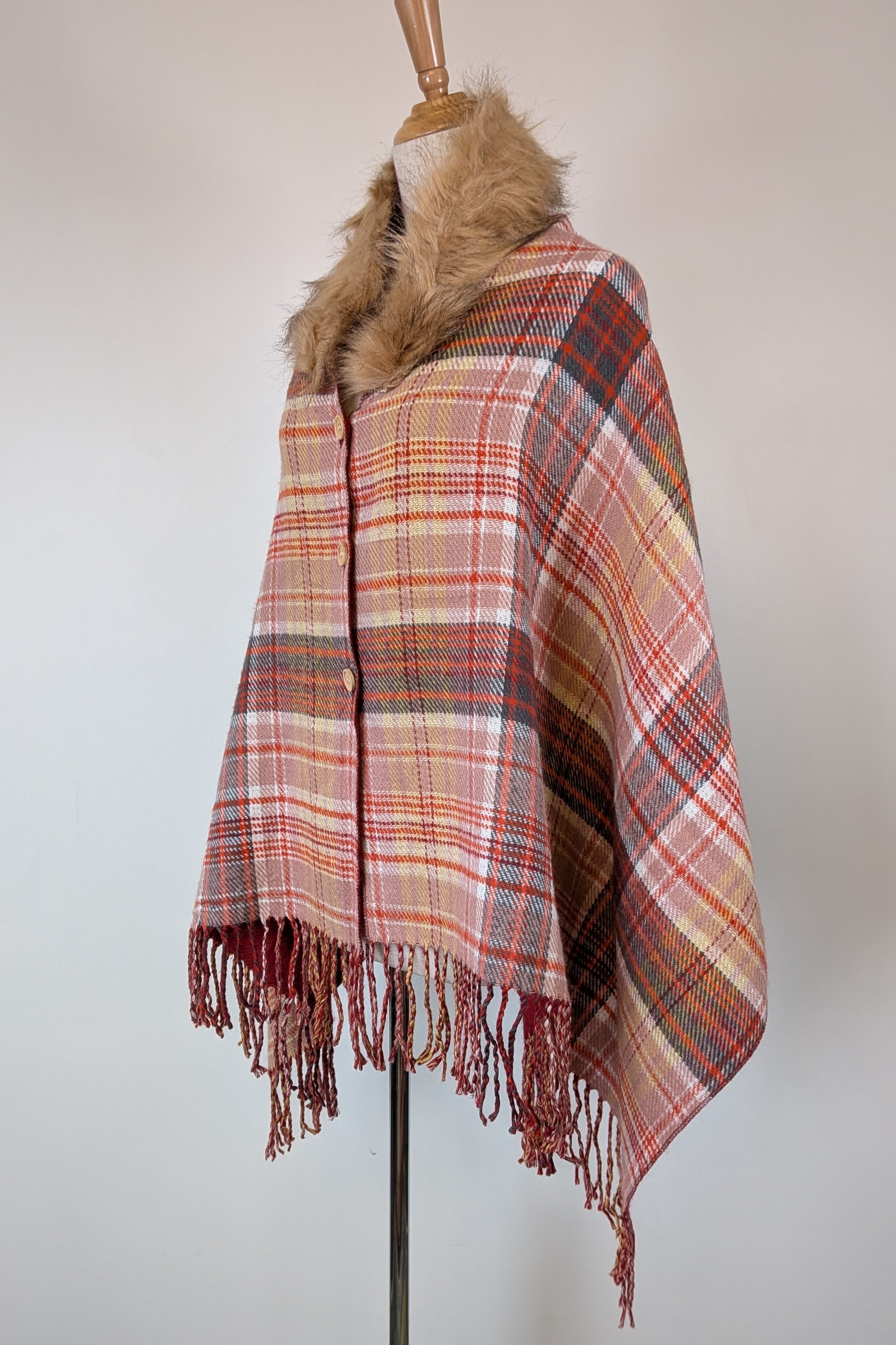 Plaid Faux Fur Collar Plaid Shawl Size S/M