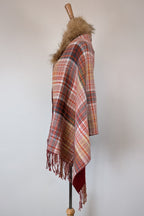 Plaid Faux Fur Collar Plaid Shawl Size S/M