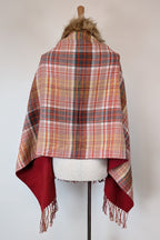 Plaid Faux Fur Collar Plaid Shawl Size S/M