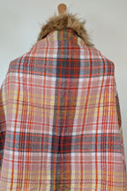 Plaid Faux Fur Collar Plaid Shawl Size S/M