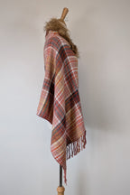 Plaid Faux Fur Collar Plaid Shawl Size S/M
