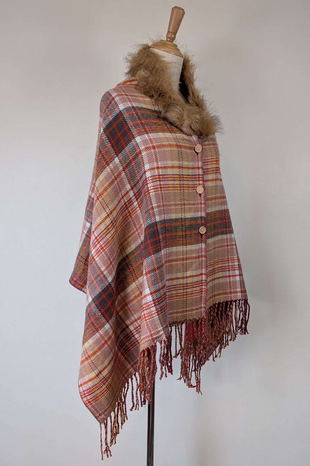 Plaid Faux Fur Collar Plaid Shawl Size S/M
