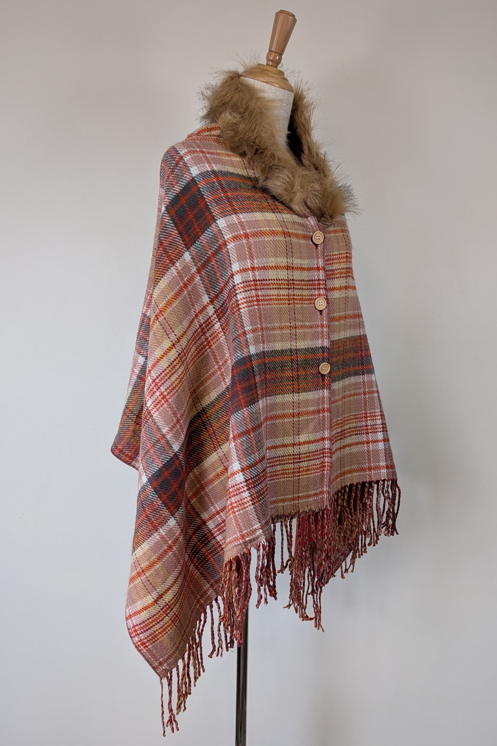 Plaid Faux Fur Collar Plaid Shawl Size S/M