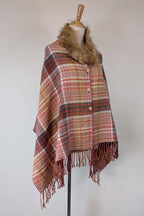 Plaid Faux Fur Collar Plaid Shawl Size S/M