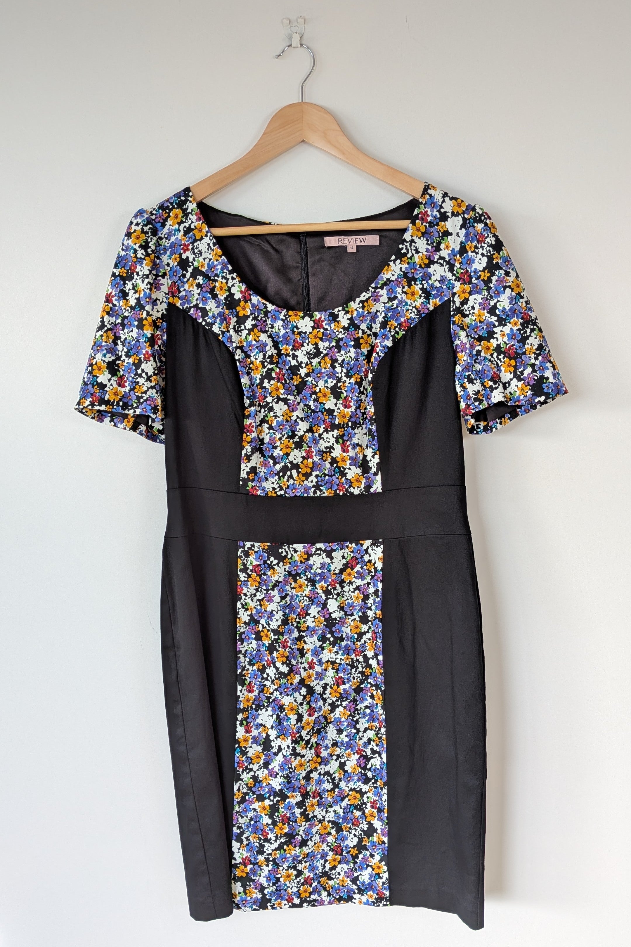 Review Ditsy Floral Print Contrast Panel Sheath Dress Size 14