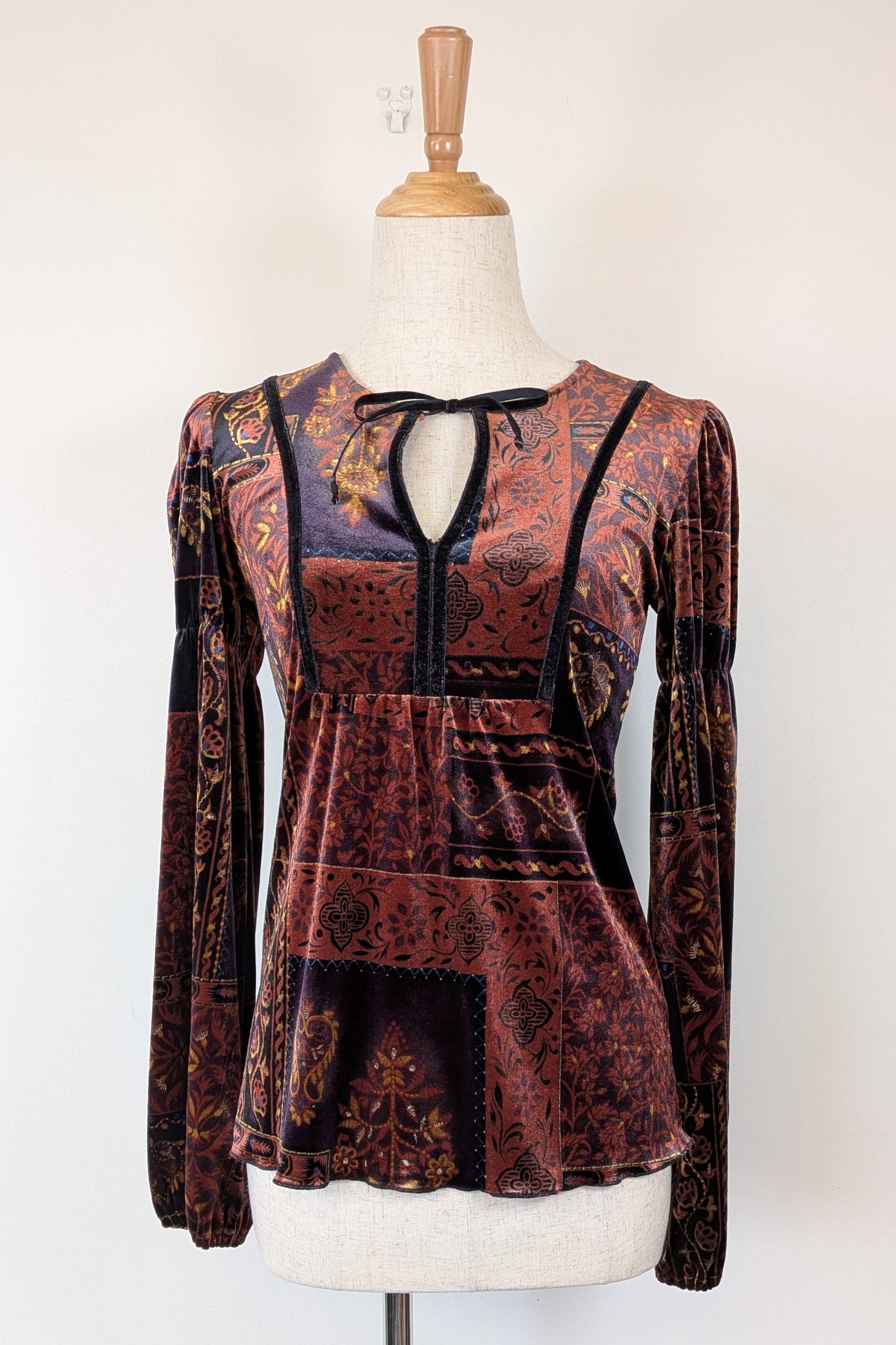 Vintage Y2K Riki Nathan Velvet Patchwork Keyhole Blouse Size S (AU 6–8)