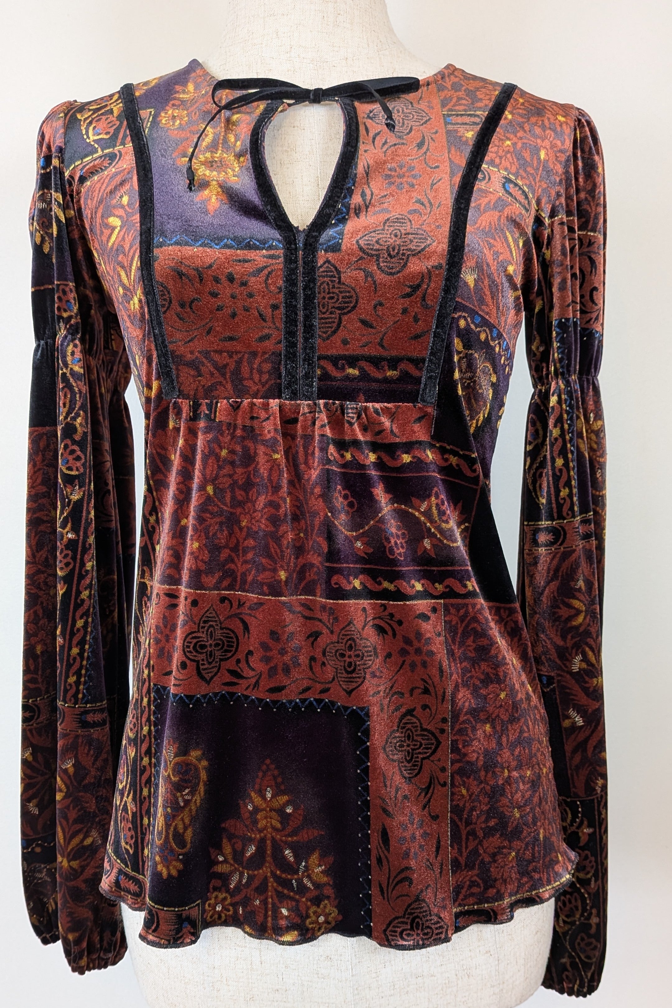 Vintage Y2K Riki Nathan Velvet Patchwork Keyhole Blouse Size S (AU 6–8)