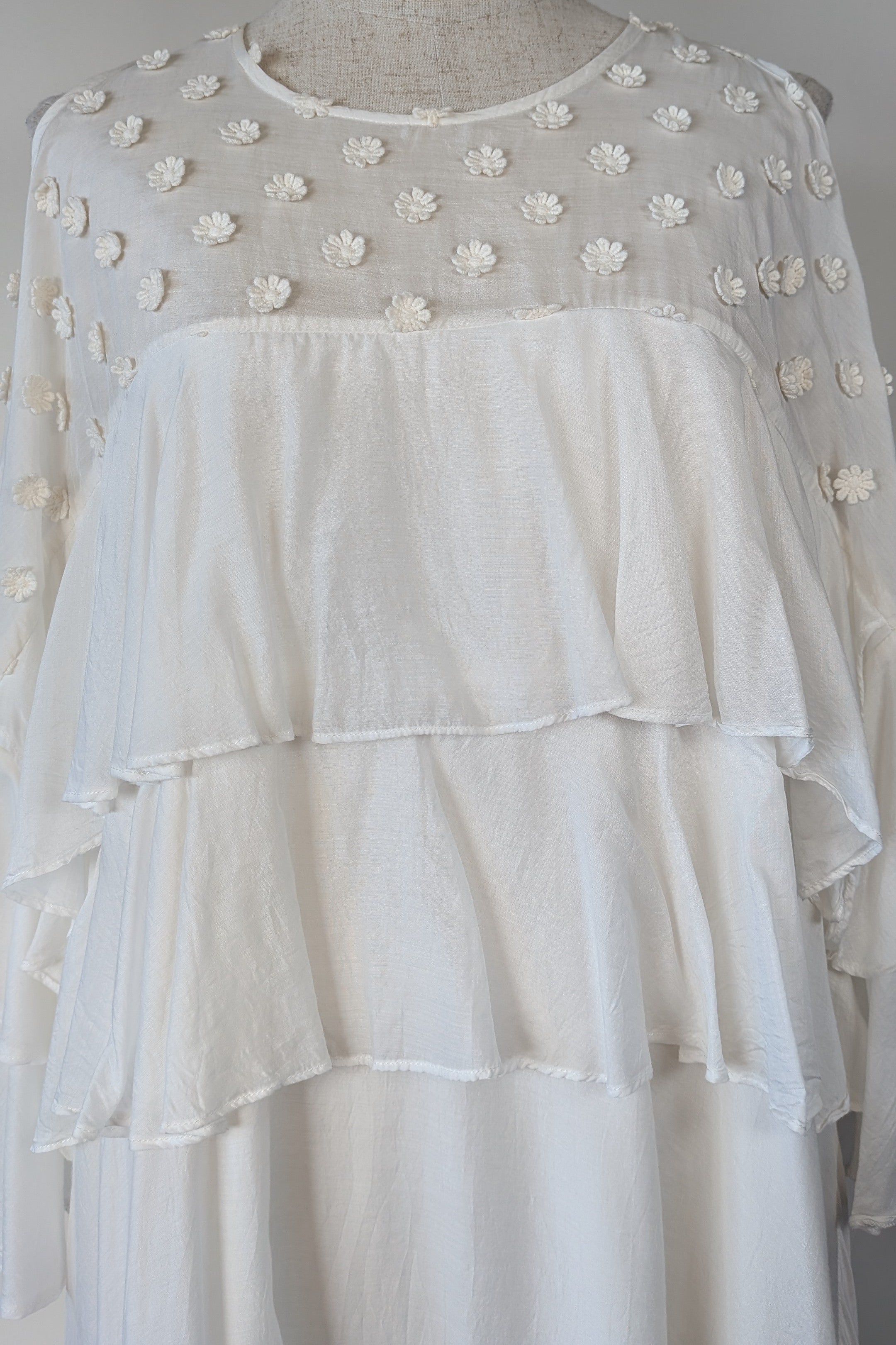 Lost Ink White Cold Shoulder Ruffle Dress with Daisy Mesh Embroidery Size 10