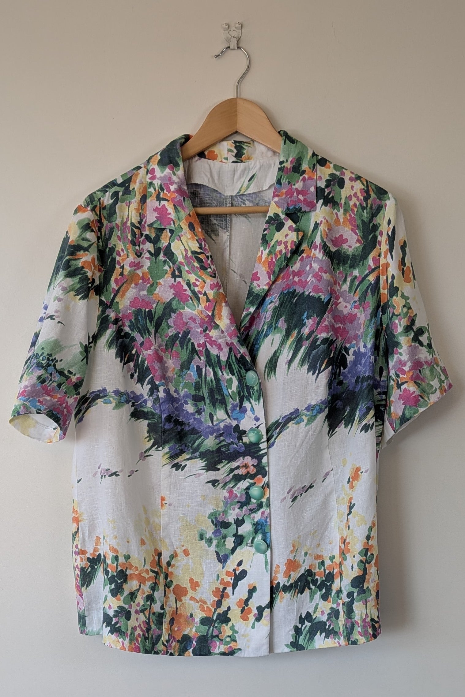 Handmade Linen Blend Impressionist Wildflower Watercolour Shirt Size 16