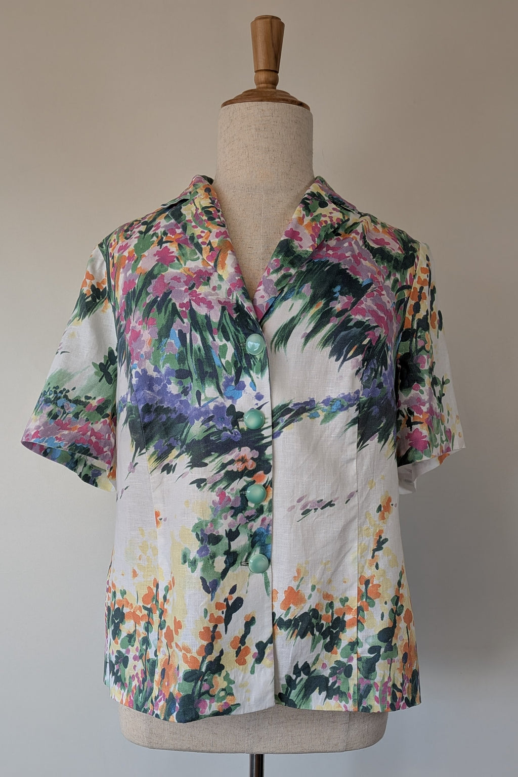 Handmade Linen Blend Impressionist Wildflower Watercolour Shirt Size 16