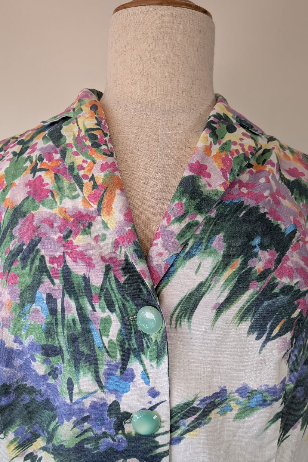 Handmade Linen Blend Impressionist Wildflower Watercolour Shirt Size 16