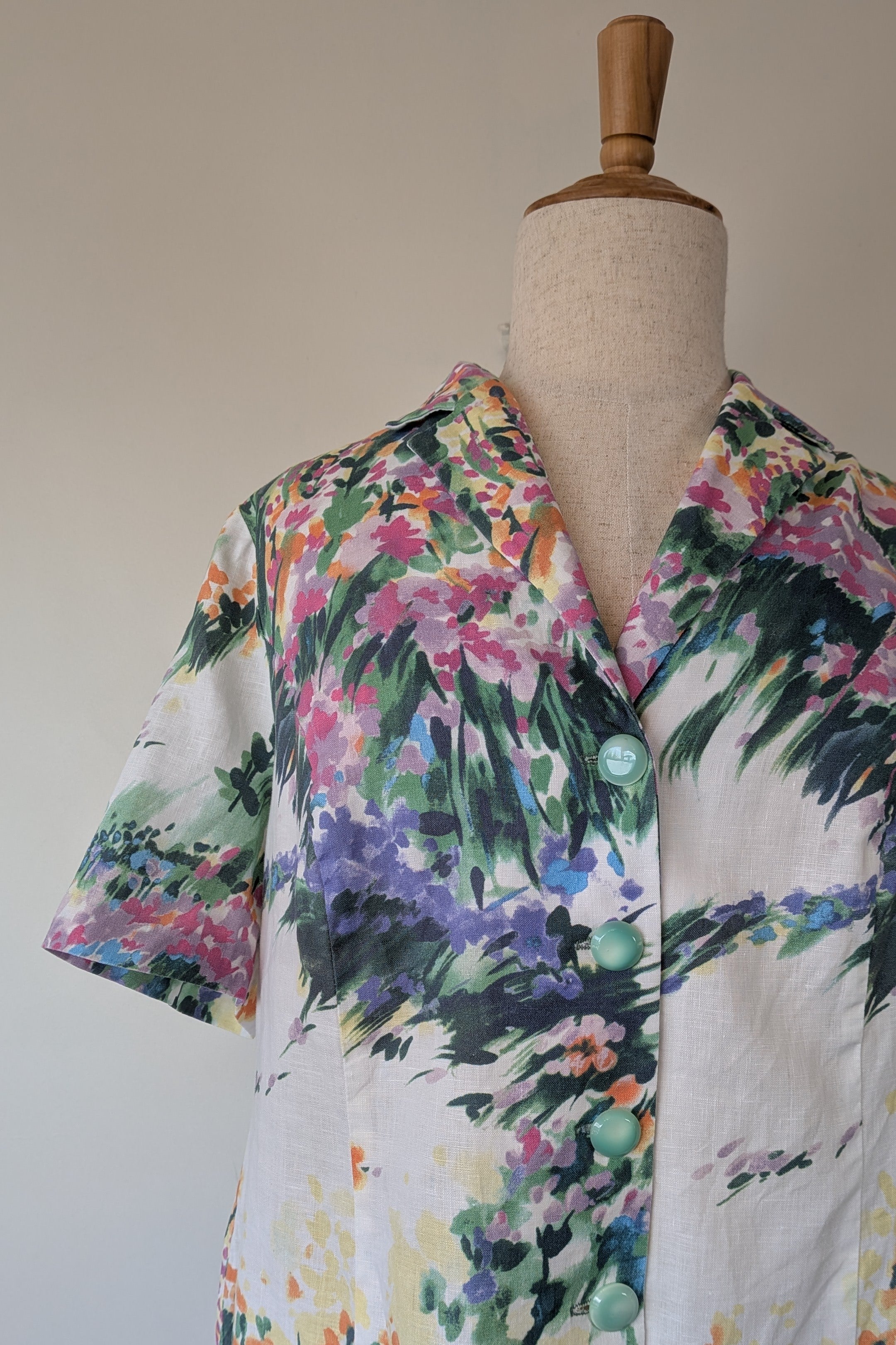 Handmade Linen Blend Impressionist Wildflower Watercolour Shirt Size 16