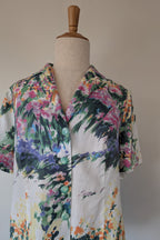 Handmade Linen Blend Impressionist Wildflower Watercolour Shirt Size 16
