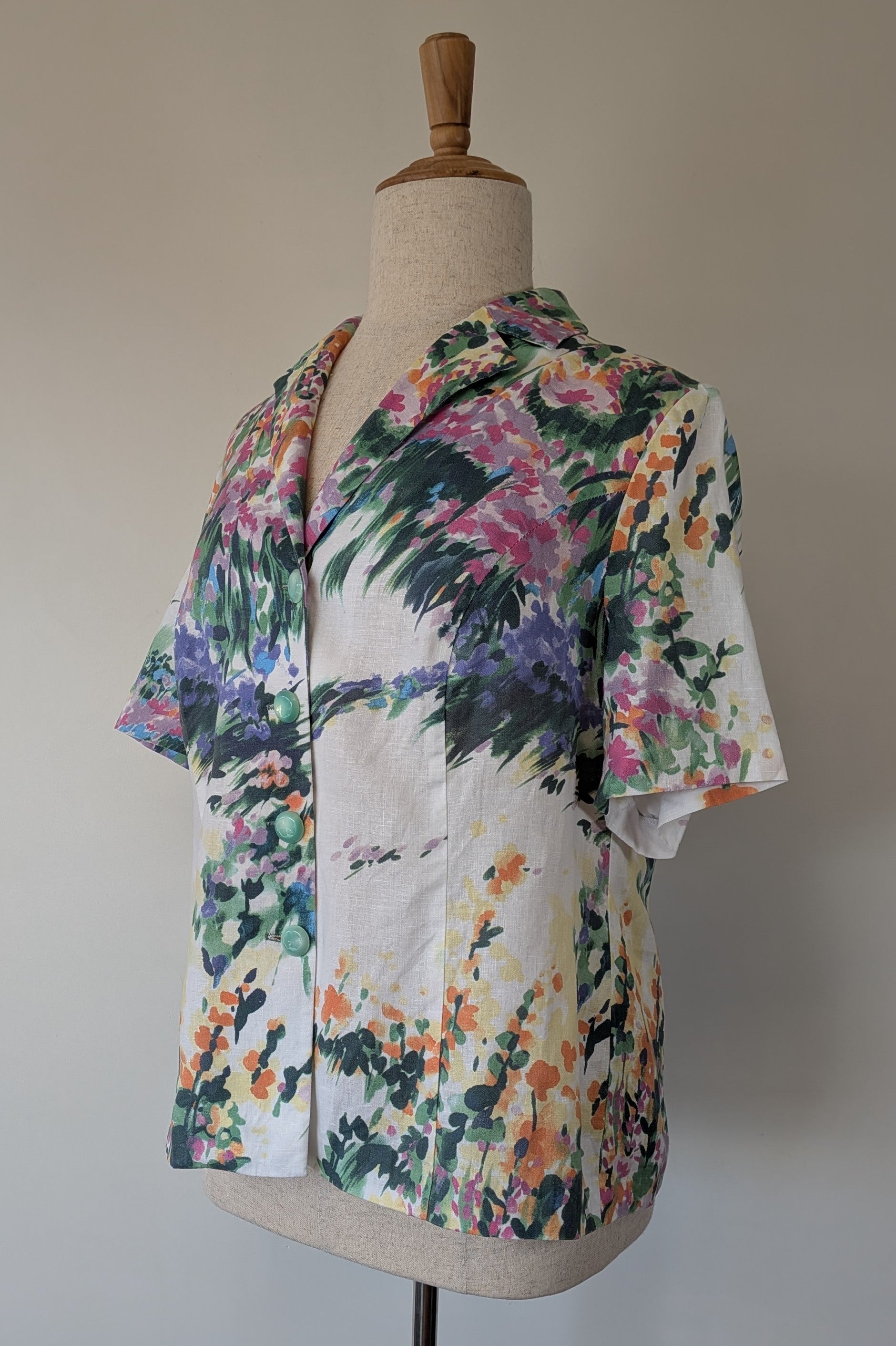 Handmade Linen Blend Impressionist Wildflower Watercolour Shirt Size 16