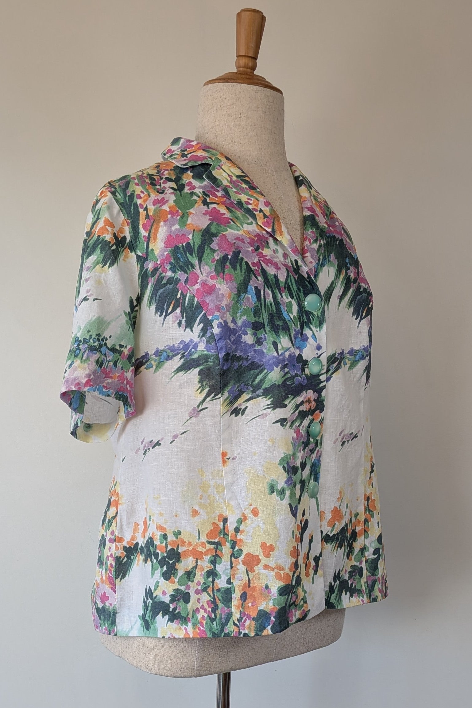Handmade Linen Blend Impressionist Wildflower Watercolour Shirt Size 16