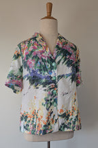 Handmade Linen Blend Impressionist Wildflower Watercolour Shirt Size 16