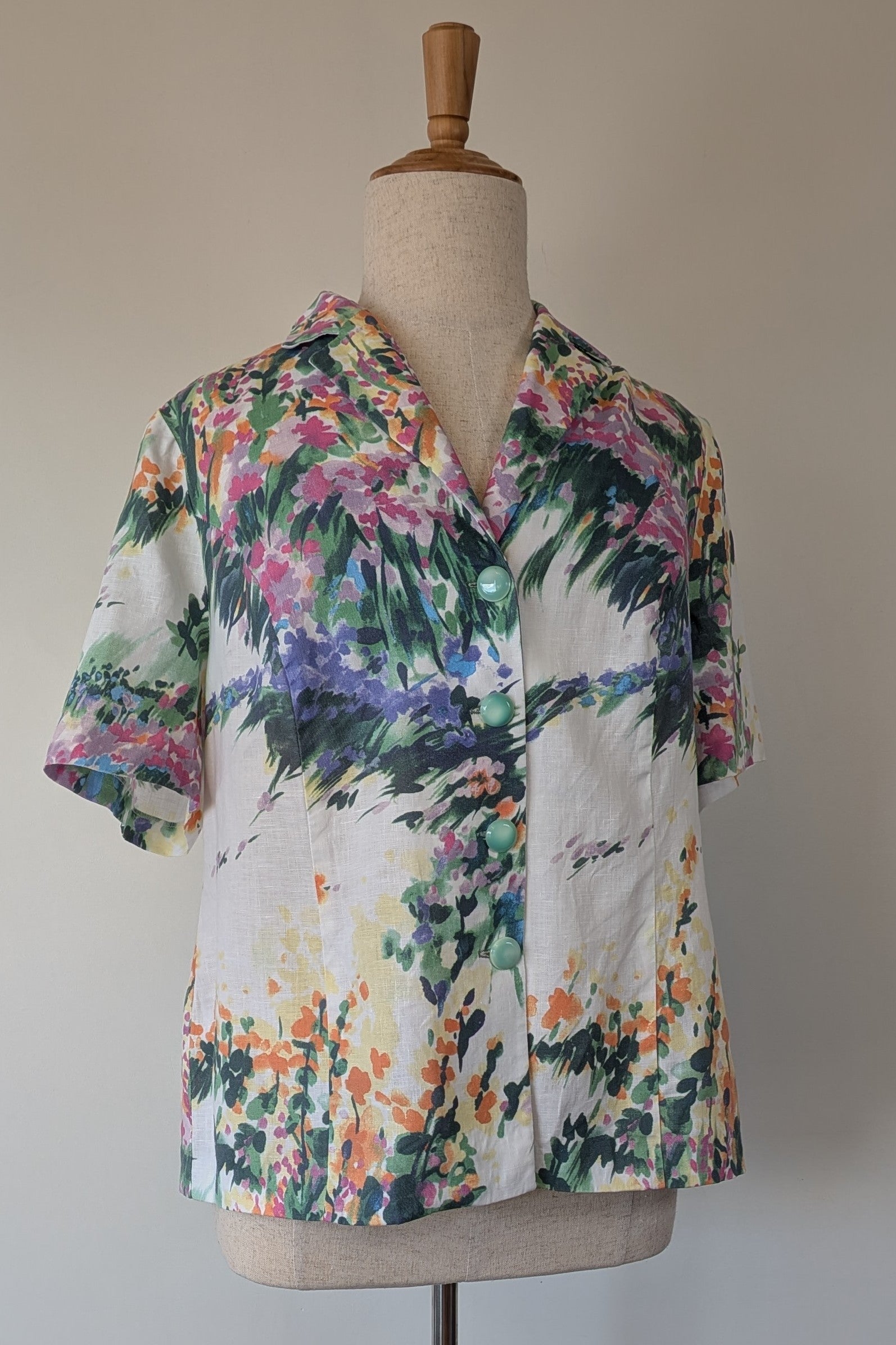 Handmade Linen Blend Impressionist Wildflower Watercolour Shirt Size 16