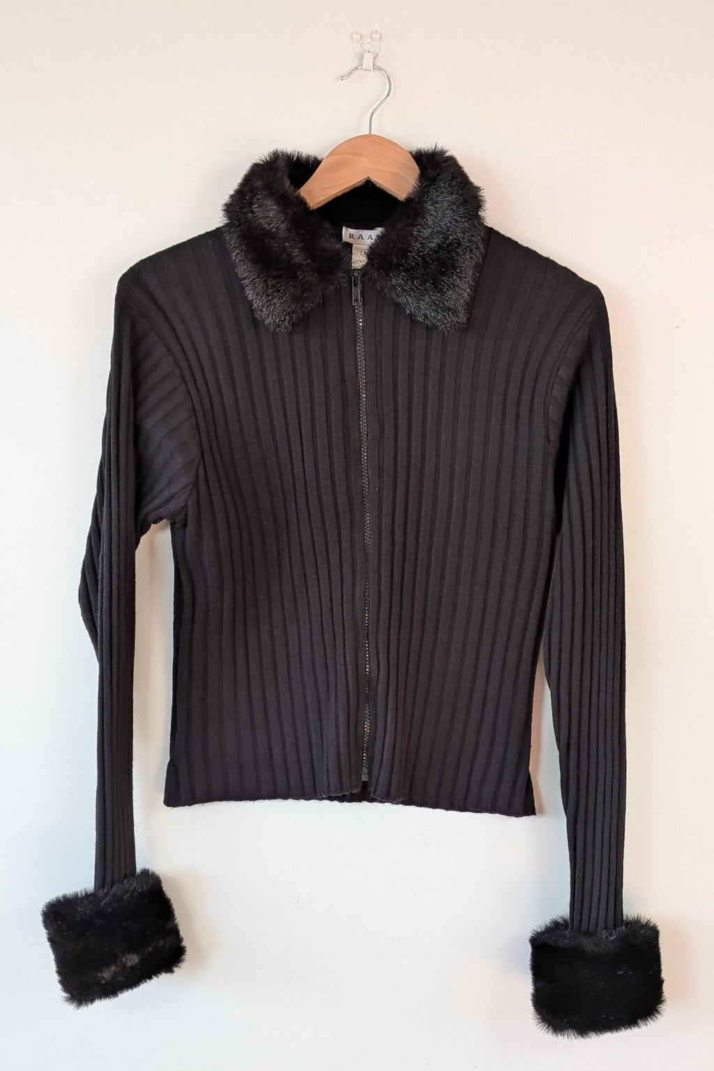 Vintage Y2K RAAM Black Zip Faux Fur Trim Cardigan Size L