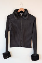 Vintage Y2K RAAM Black Zip Faux Fur Trim Cardigan Size L