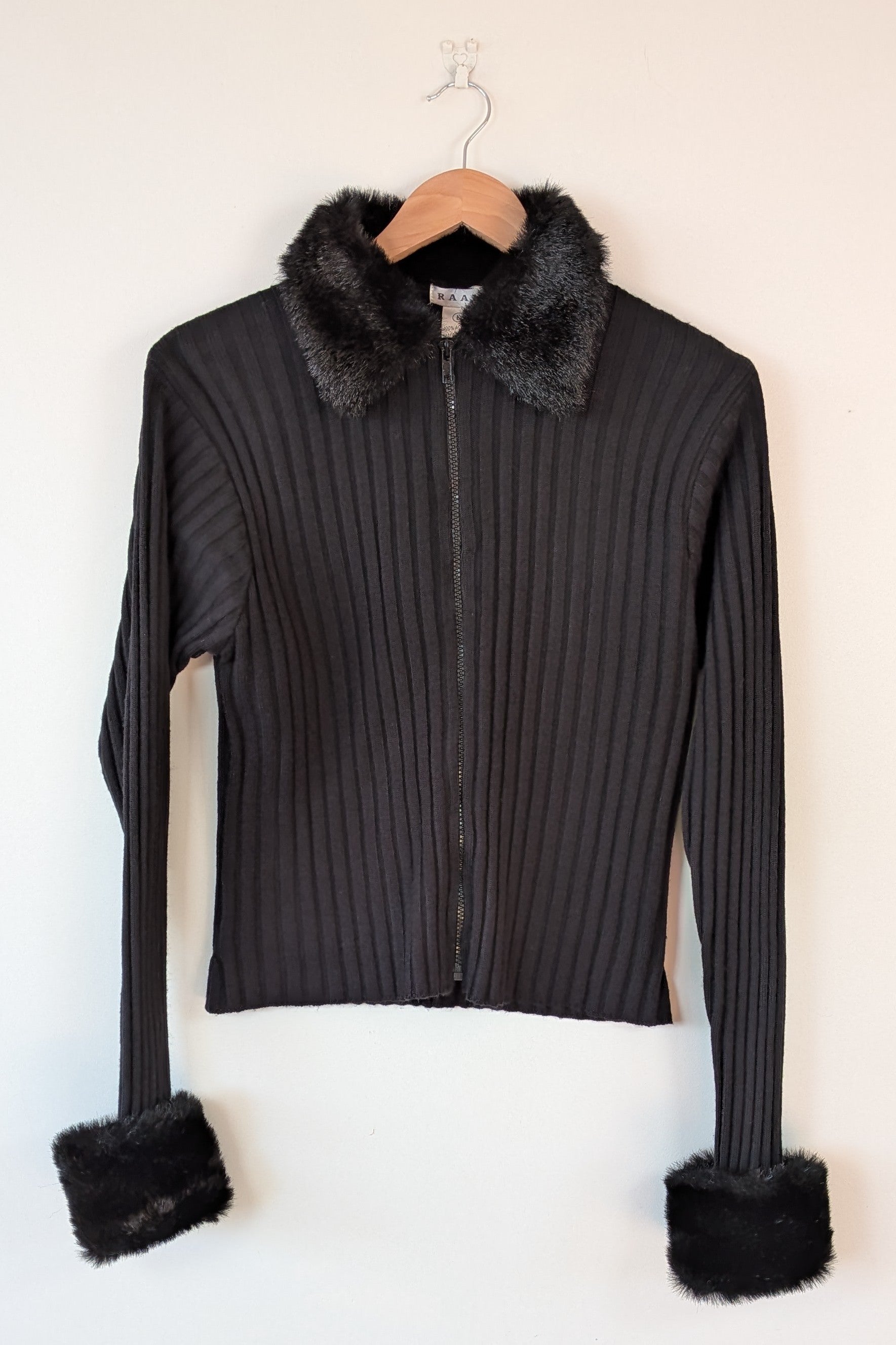 Vintage Y2K RAAM Black Zip Faux Fur Trim Cardigan Size L