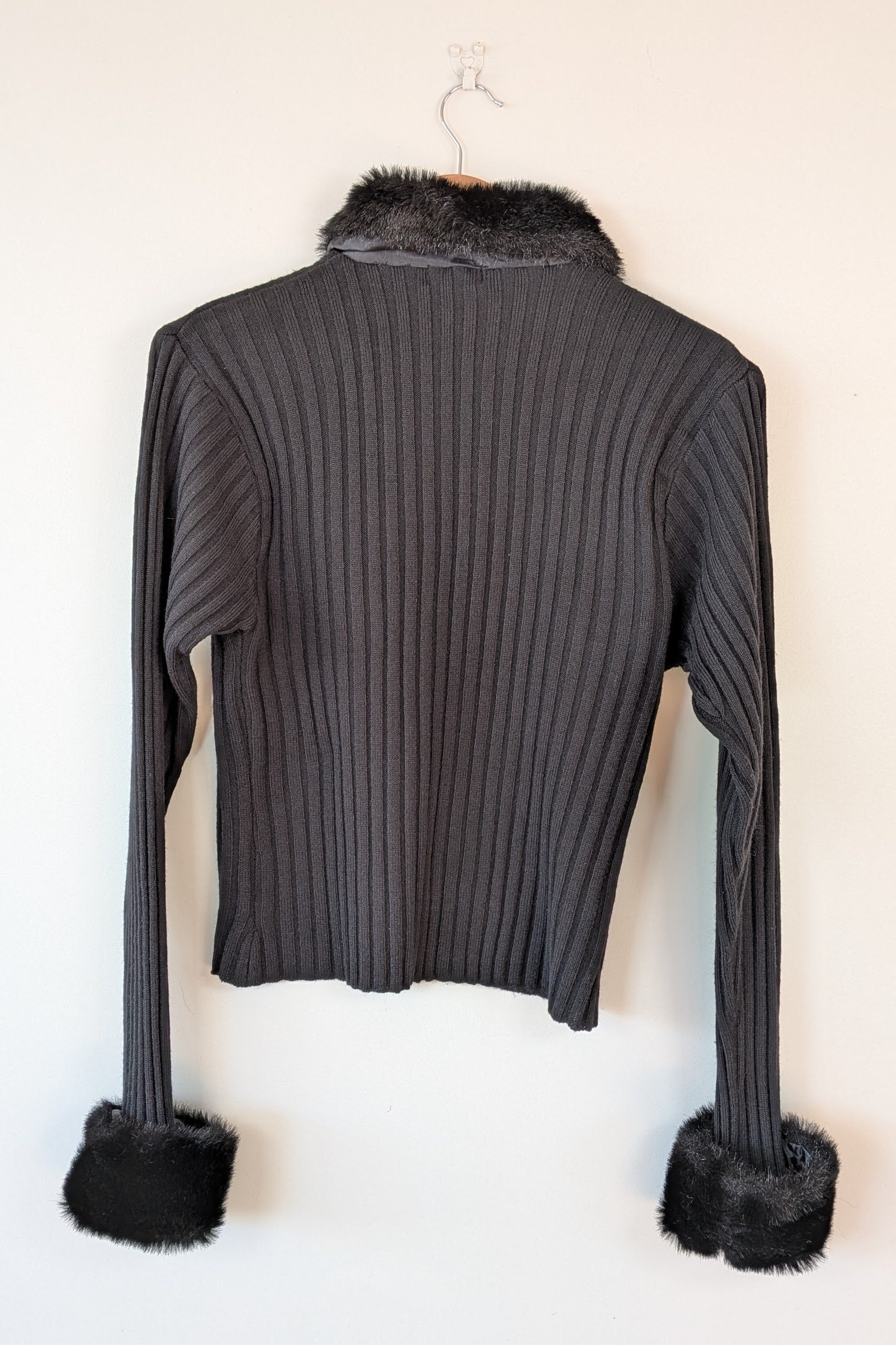 Vintage Y2K RAAM Black Zip Faux Fur Trim Cardigan Size L