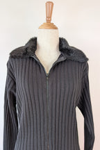 Vintage Y2K RAAM Black Zip Faux Fur Trim Cardigan Size L