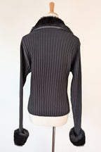 Vintage Y2K RAAM Black Zip Faux Fur Trim Cardigan Size L