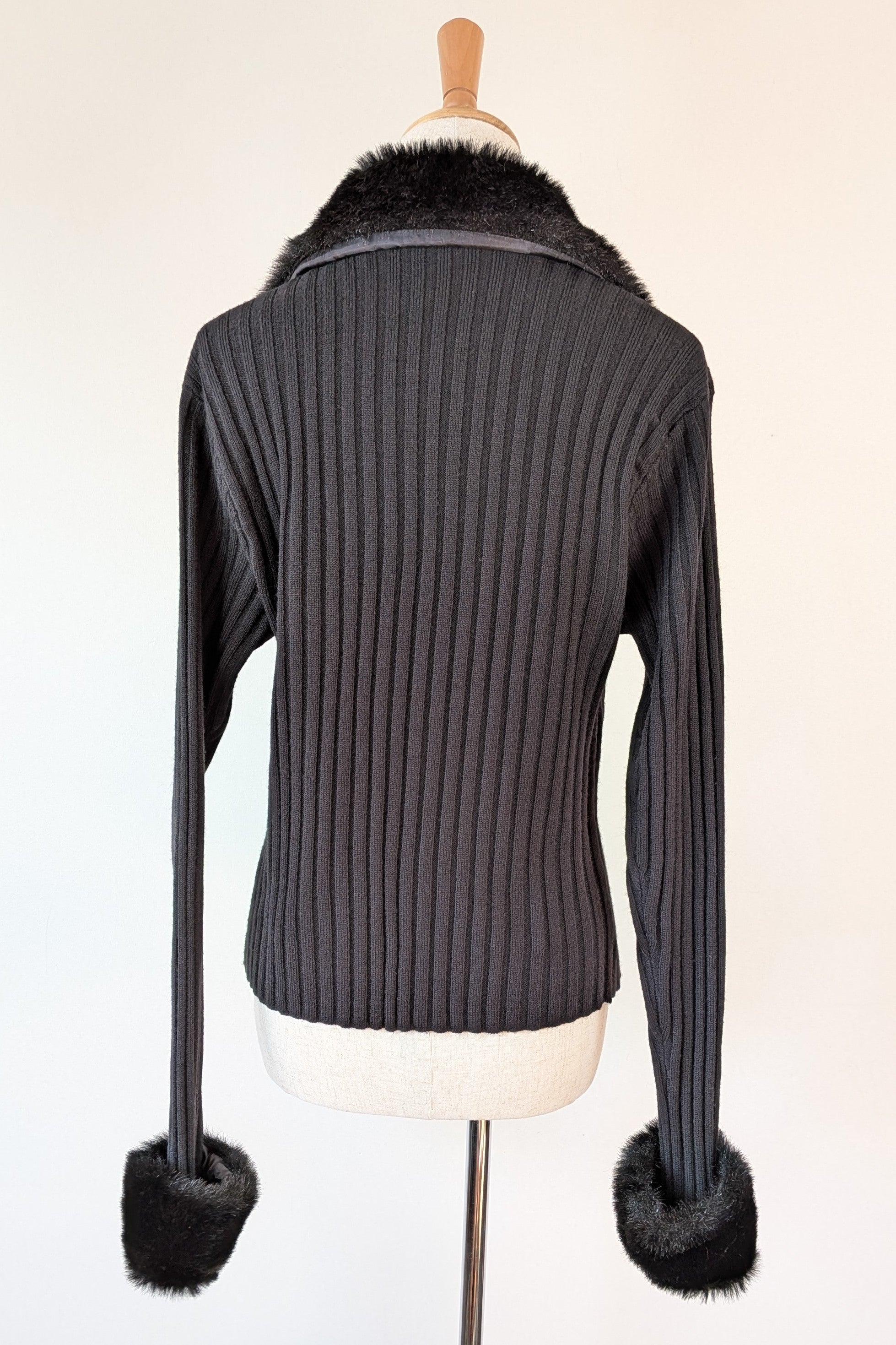 Vintage Y2K RAAM Black Zip Faux Fur Trim Cardigan Size L