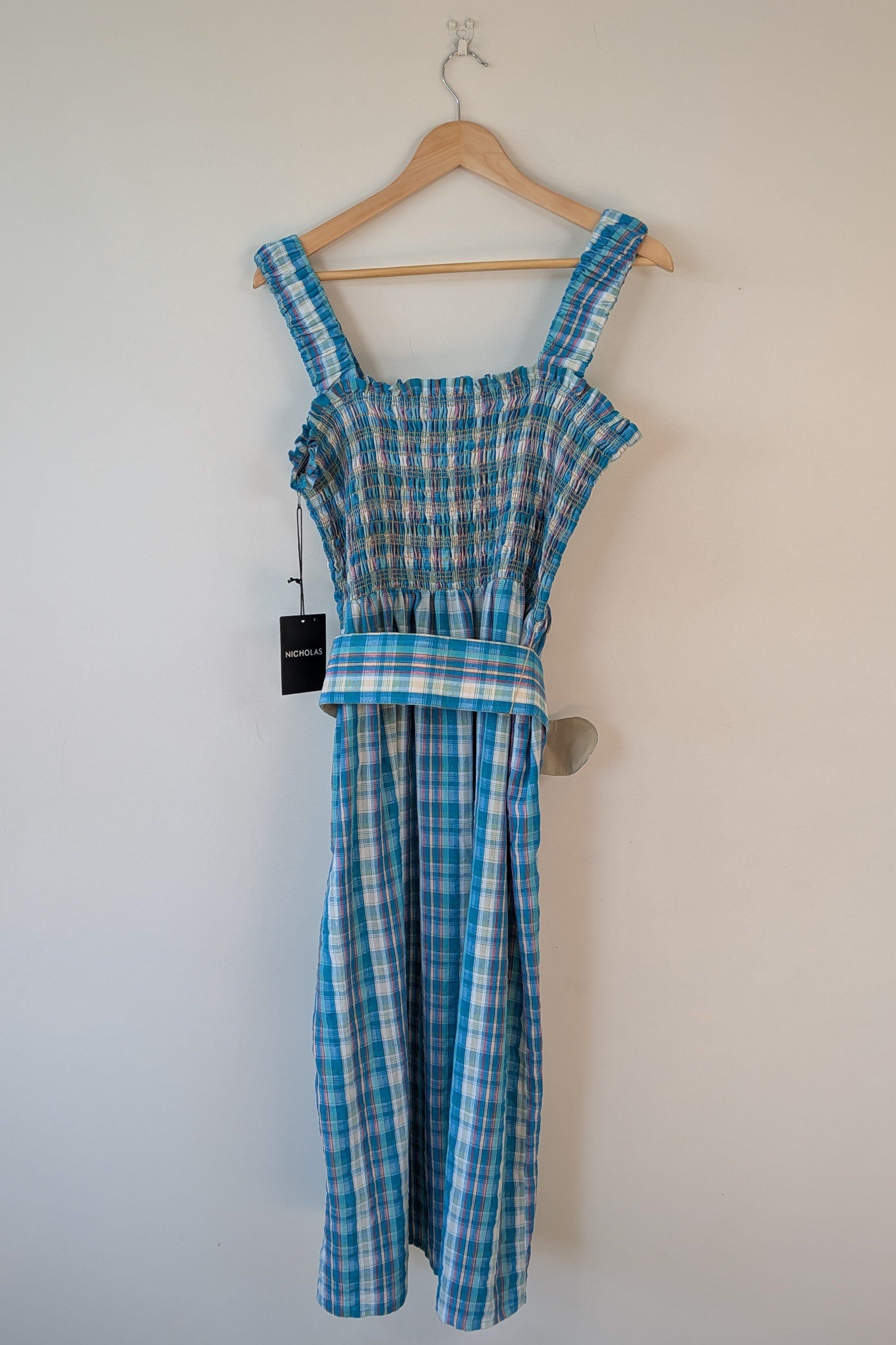 Nicholas Turquoise Smocked Apron Midi Dress Size 10 BNWT RRP $755