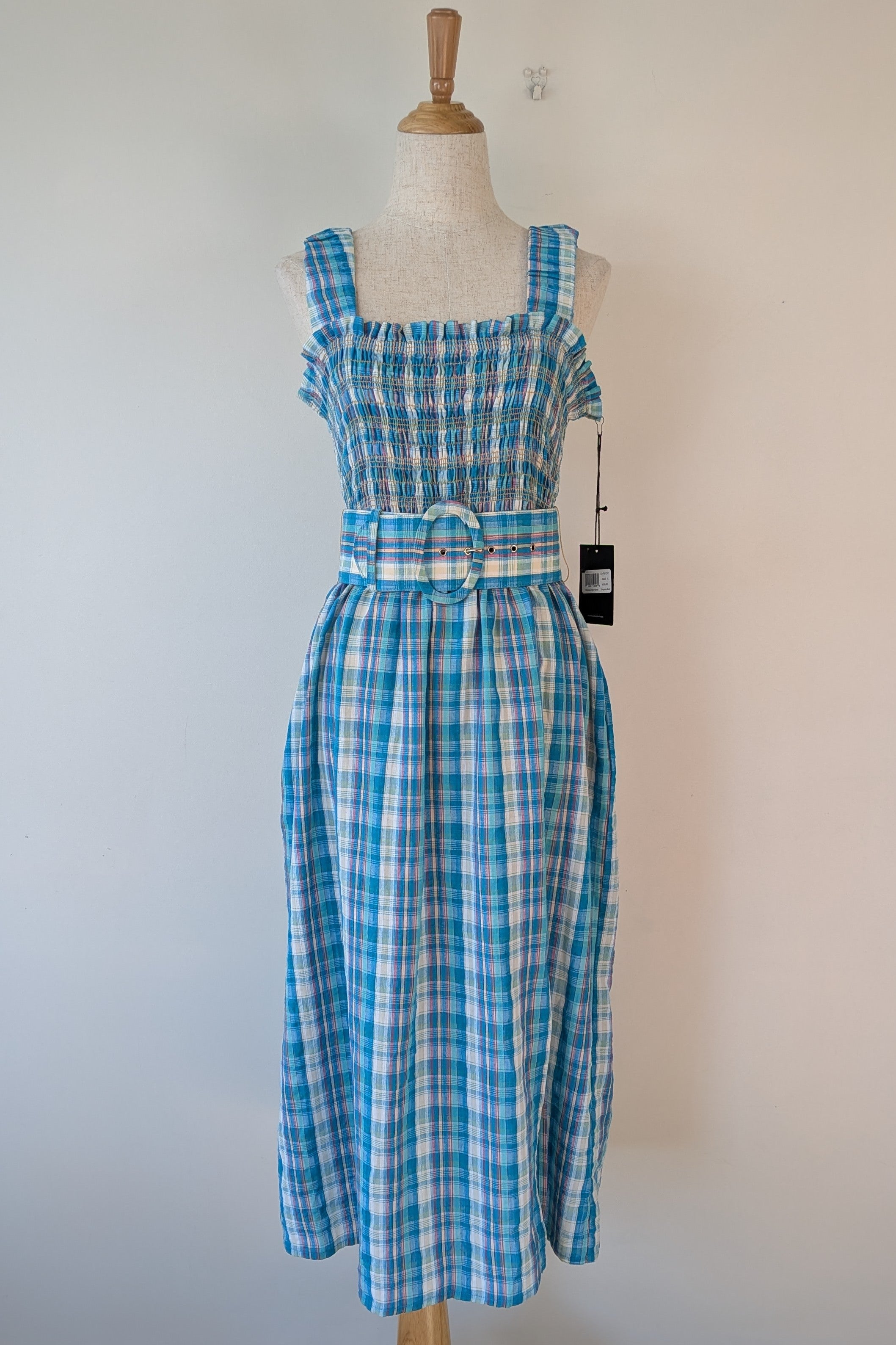 Nicholas Turquoise Smocked Apron Midi Dress Size 10 BNWT RRP $755