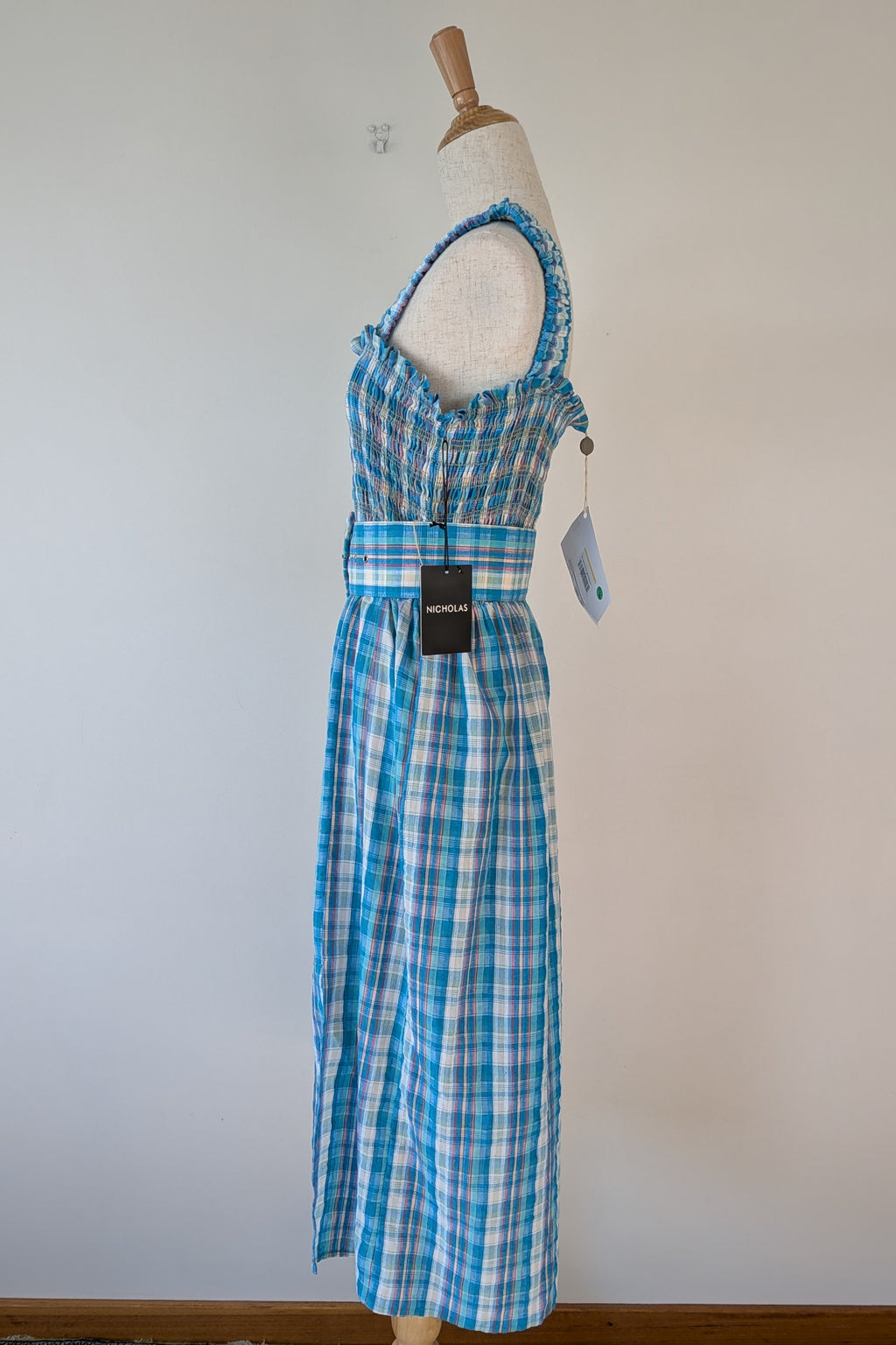 Nicholas Turquoise Smocked Apron Midi Dress Size 10 BNWT RRP $755