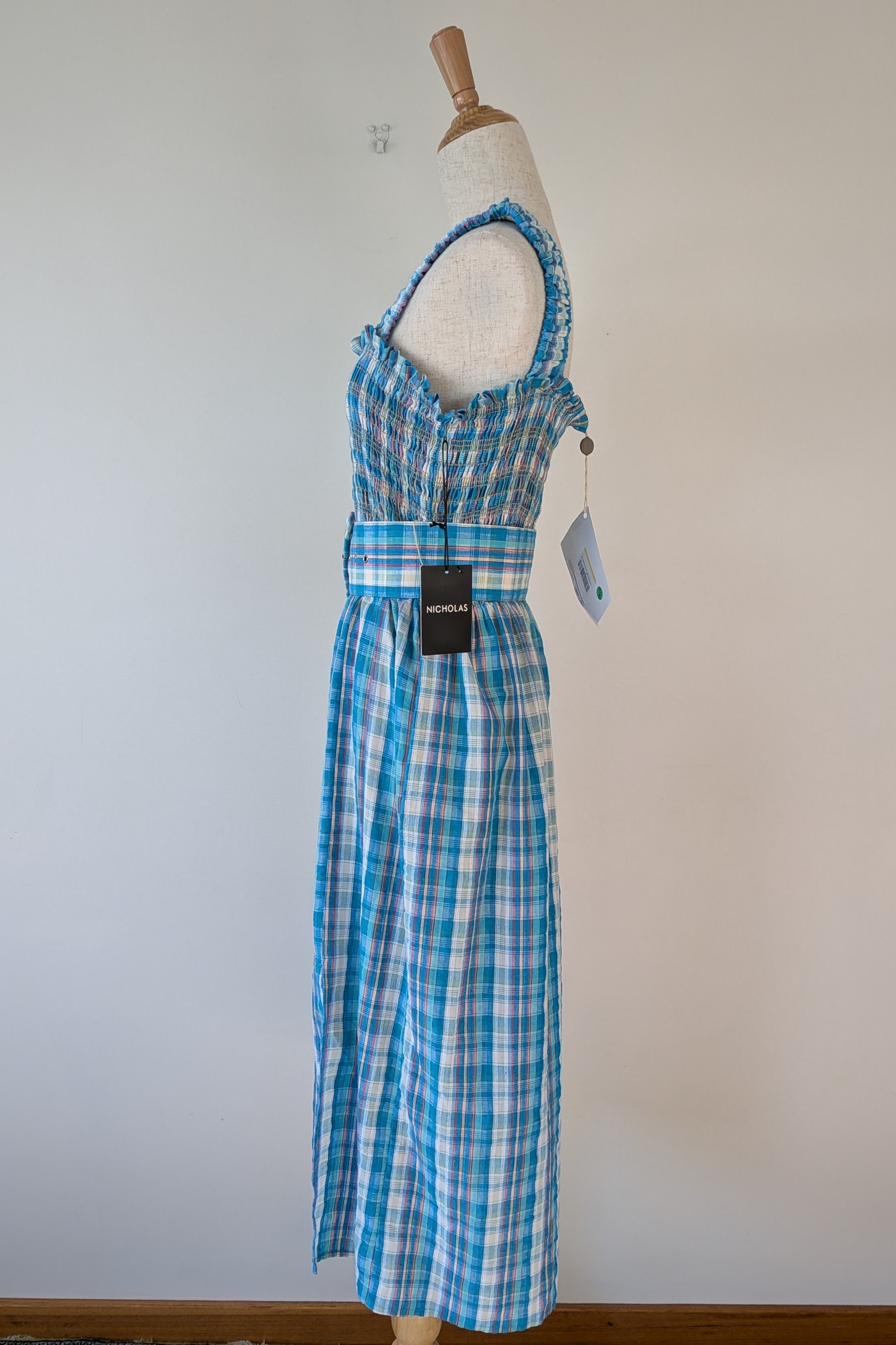 Nicholas Turquoise Smocked Apron Midi Dress Size 10 BNWT RRP $755