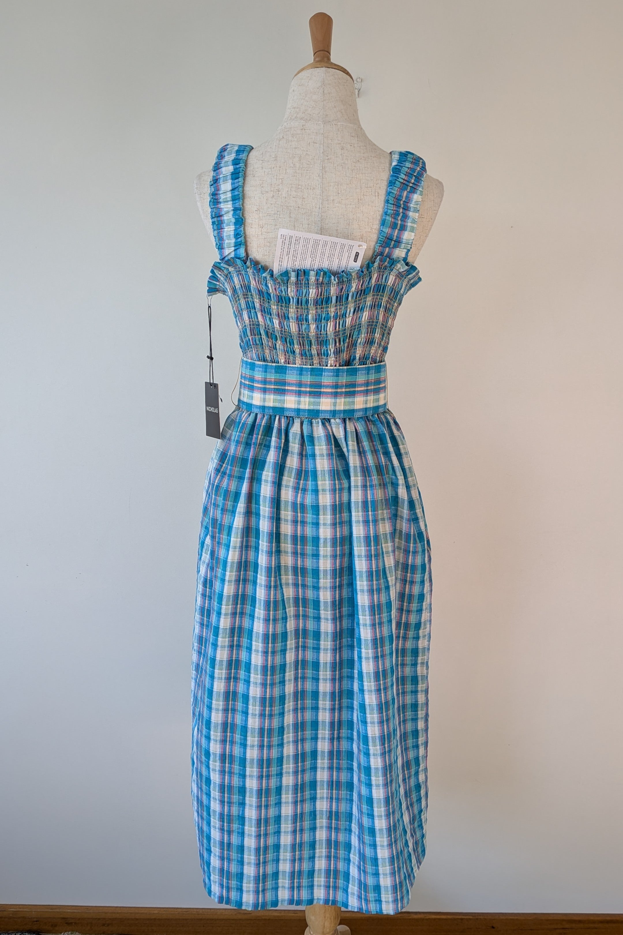 Nicholas Turquoise Smocked Apron Midi Dress Size 10 BNWT RRP $755