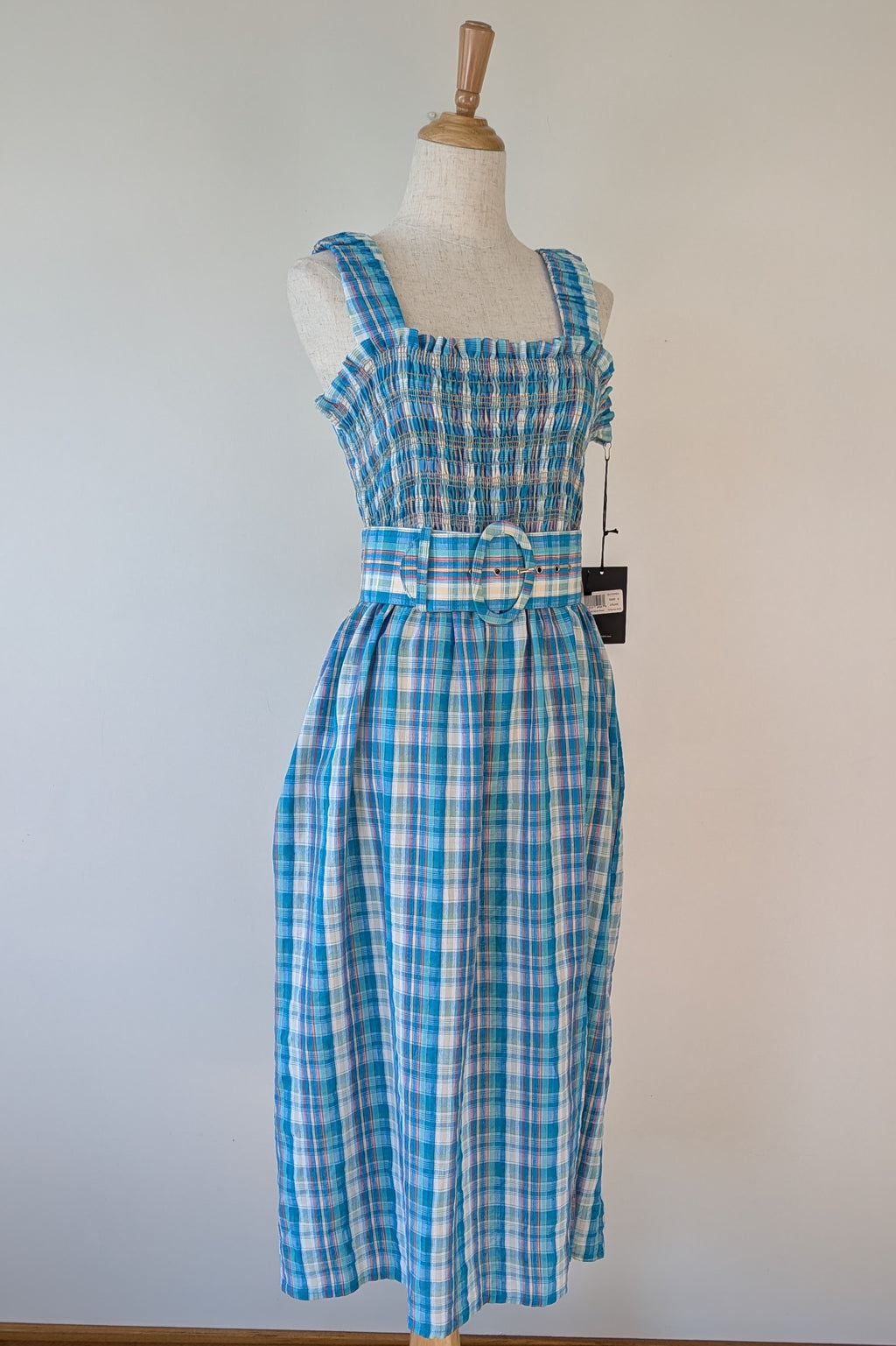 Nicholas Turquoise Smocked Apron Midi Dress Size 10 BNWT RRP $755