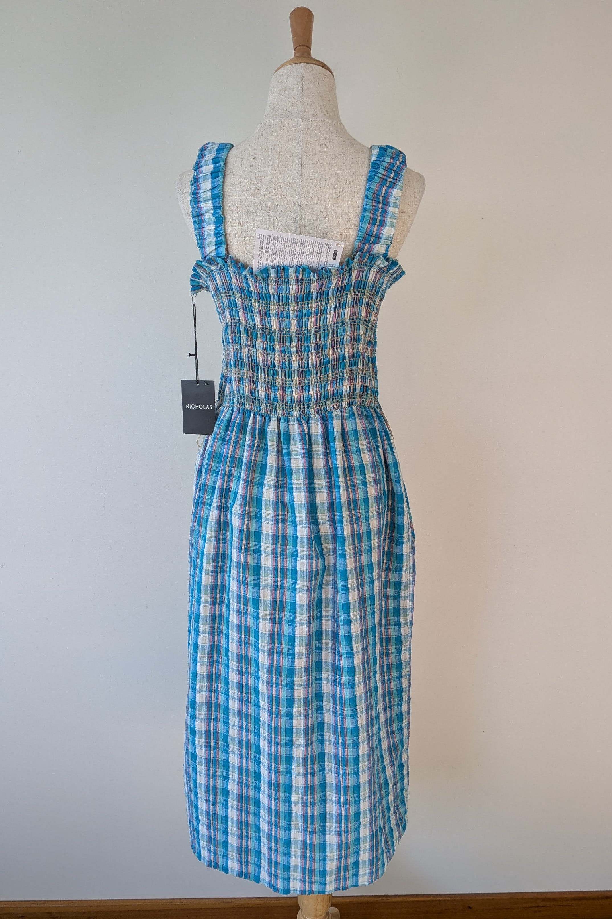Nicholas Turquoise Smocked Apron Midi Dress Size 10 BNWT RRP $755
