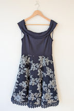 Review Navy & Silver Metallic Embroidered Lace Off The Shoulder Dress Size 12