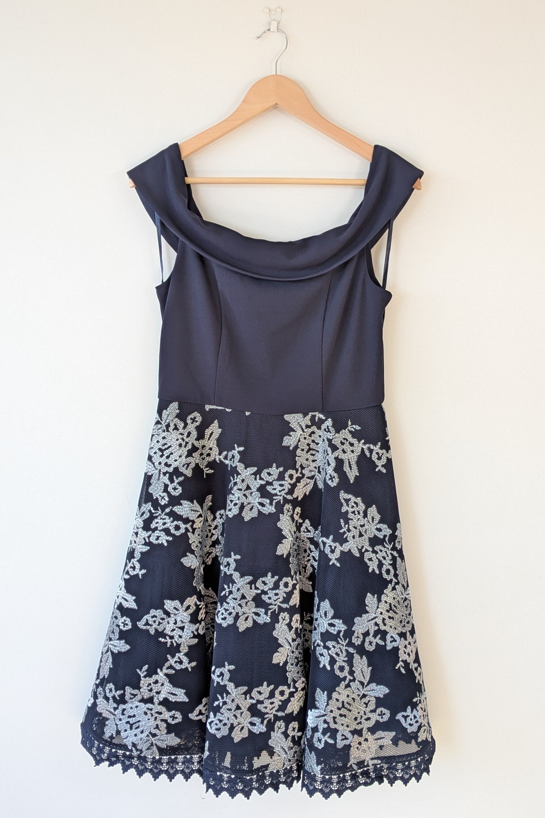 Review Navy & Silver Metallic Embroidered Lace Off The Shoulder Dress Size 12