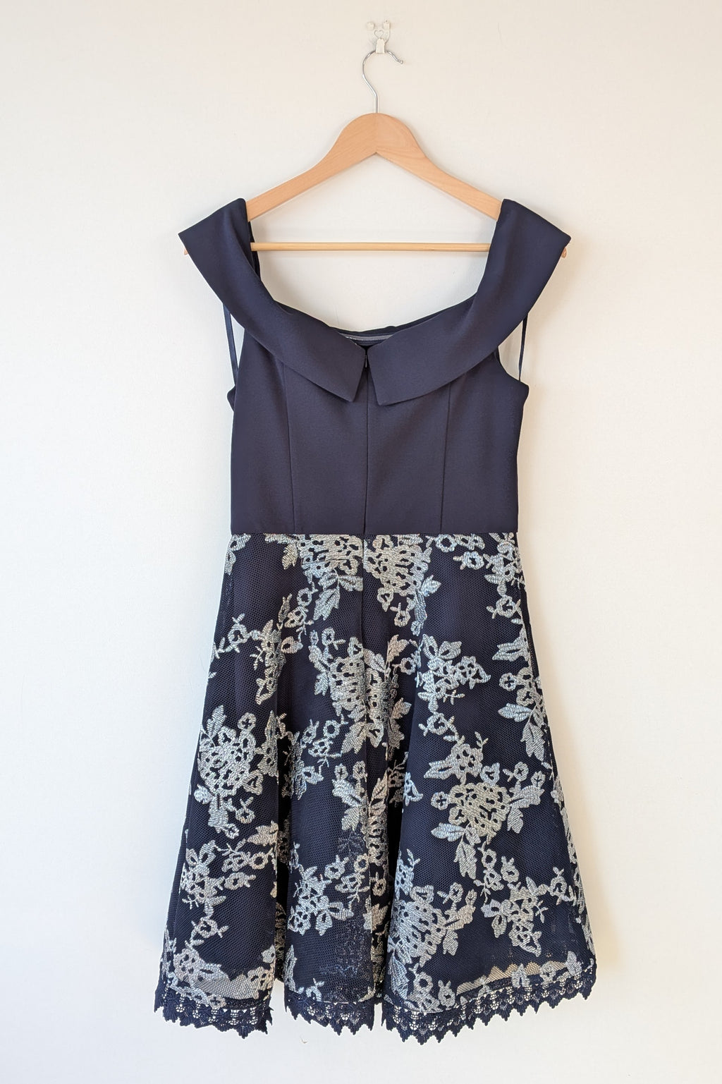 Review Navy & Silver Metallic Embroidered Lace Off The Shoulder Dress Size 12