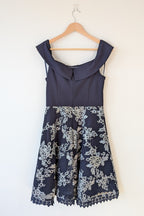 Review Navy & Silver Metallic Embroidered Lace Off The Shoulder Dress Size 12