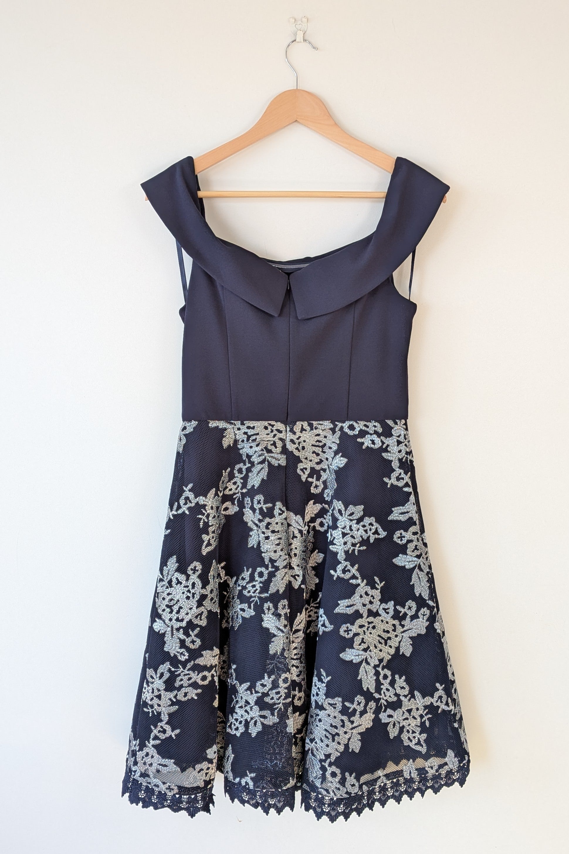 Review Navy & Silver Metallic Embroidered Lace Off The Shoulder Dress Size 12