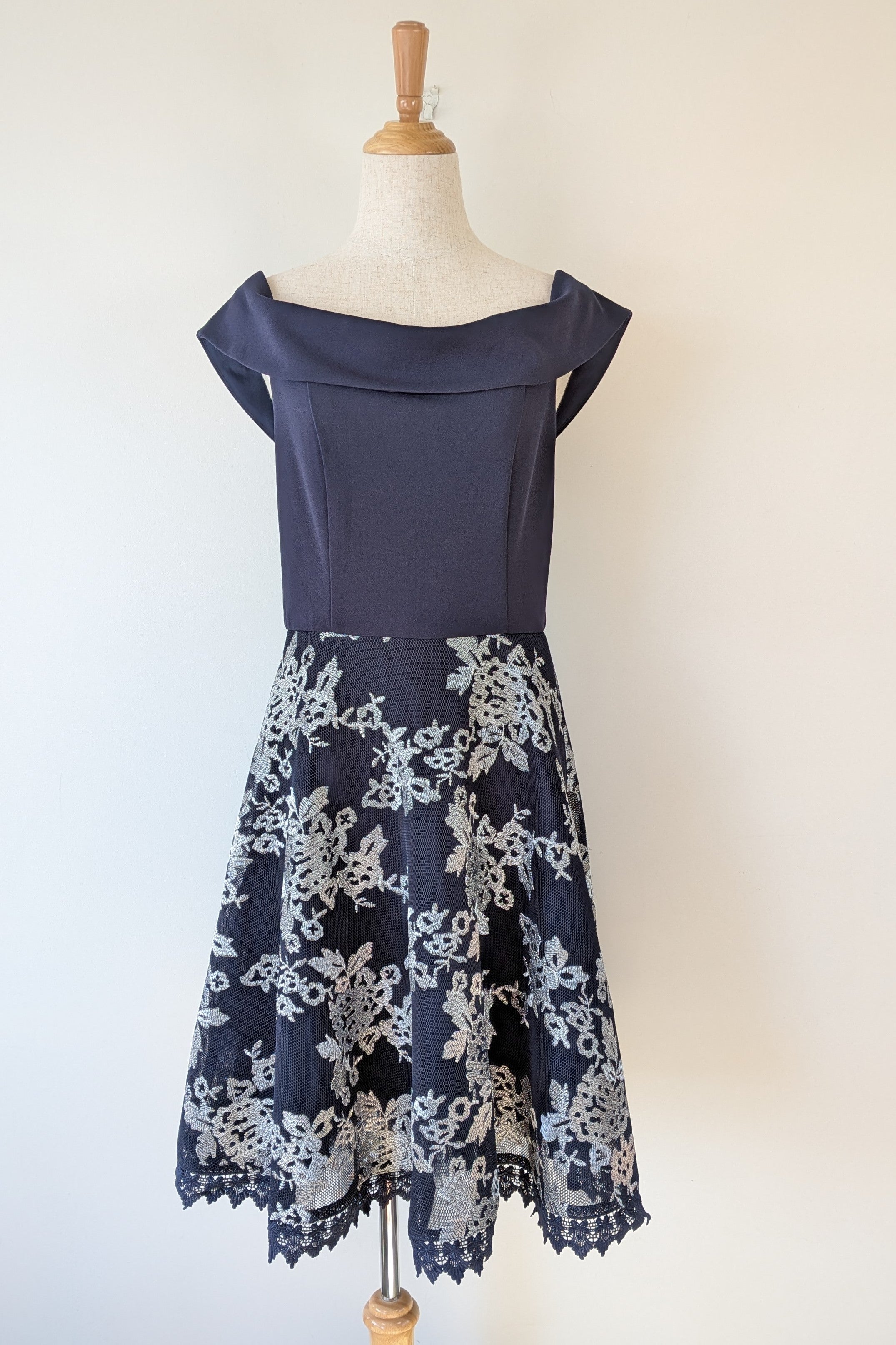 Review Navy & Silver Metallic Embroidered Lace Off The Shoulder Dress Size 12
