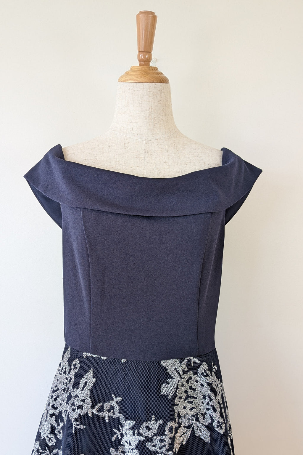 Review Navy & Silver Metallic Embroidered Lace Off The Shoulder Dress Size 12