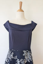 Review Navy & Silver Metallic Embroidered Lace Off The Shoulder Dress Size 12