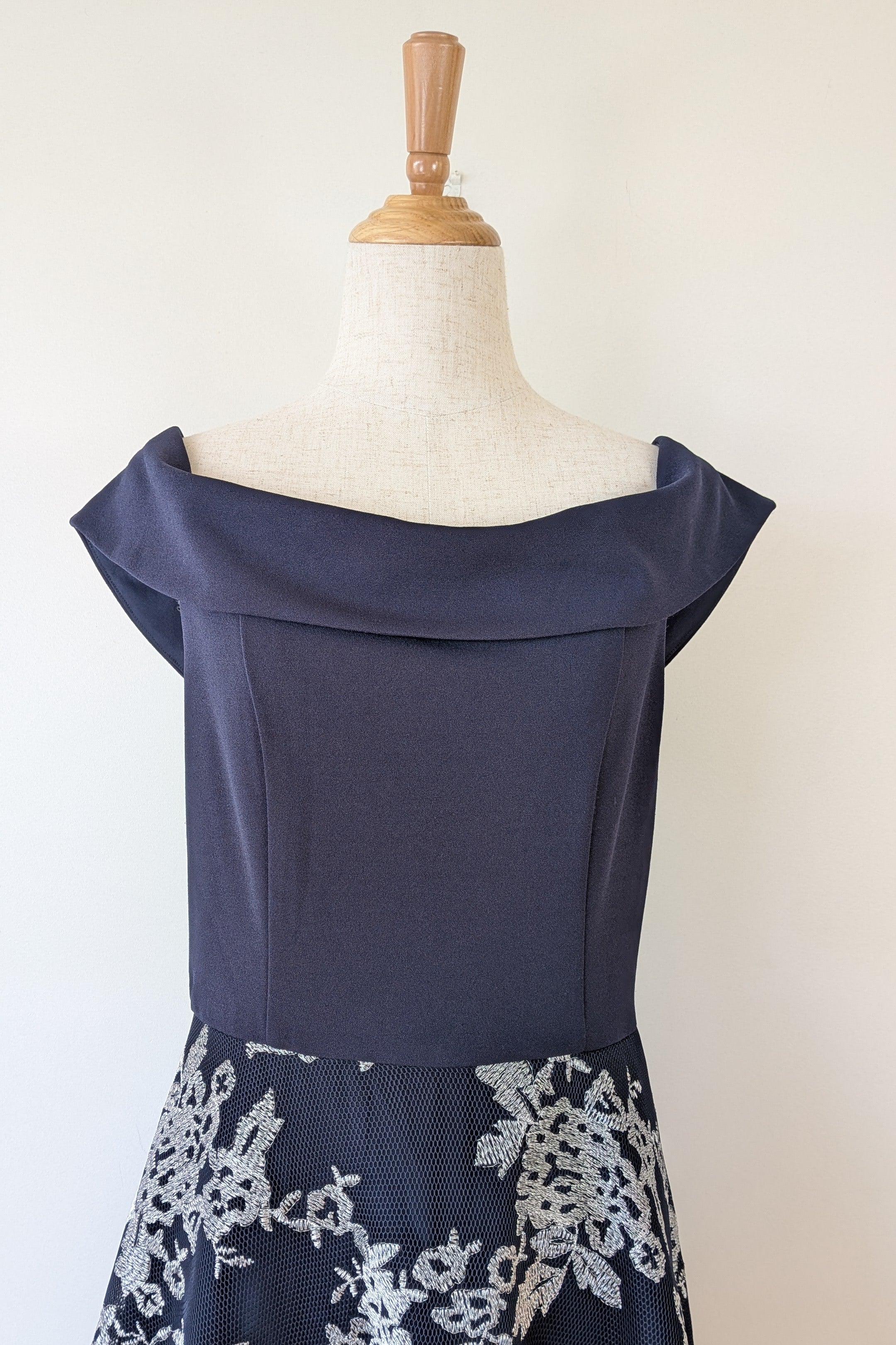 Review Navy & Silver Metallic Embroidered Lace Off The Shoulder Dress Size 12