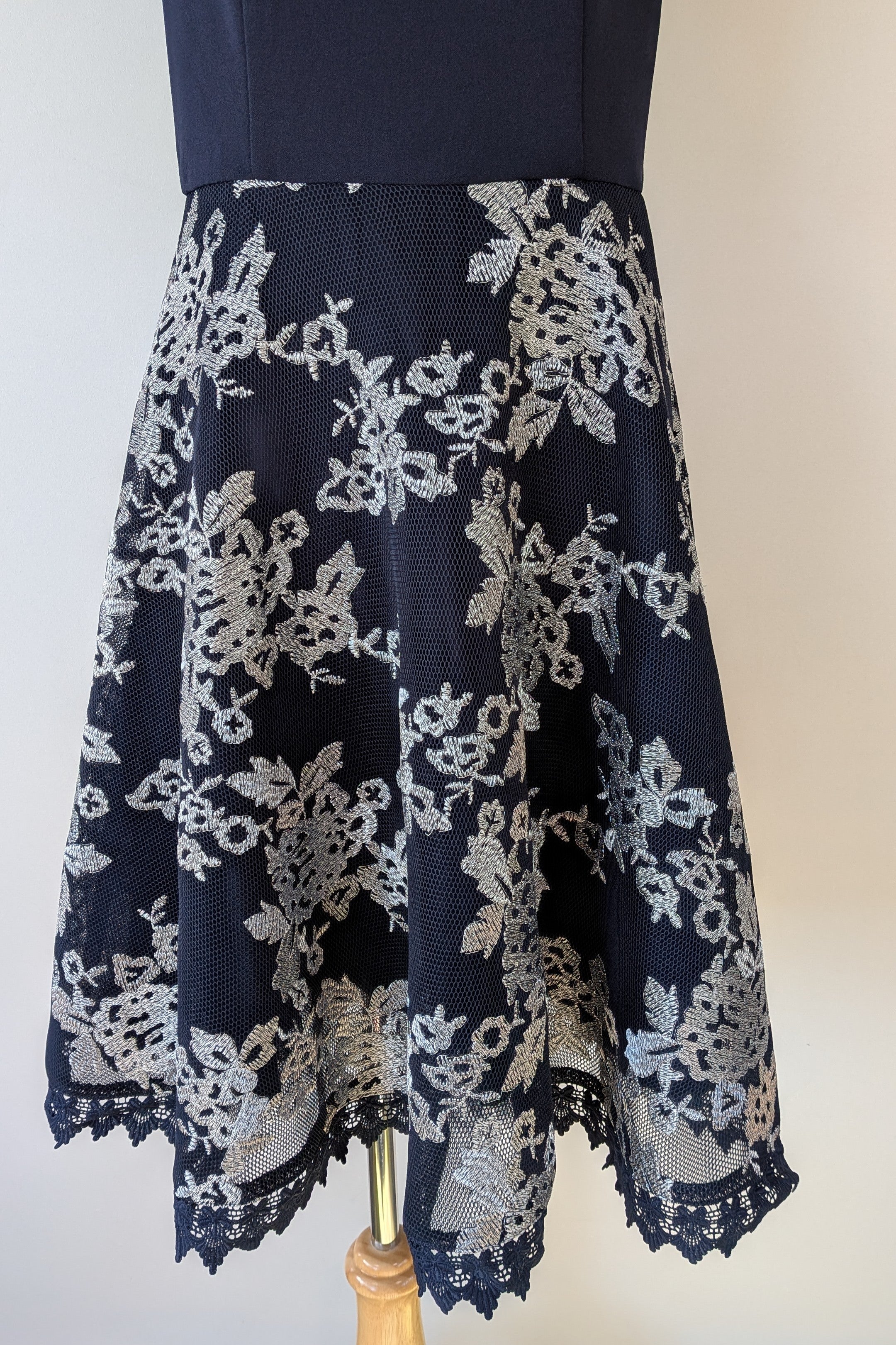 Review Navy & Silver Metallic Embroidered Lace Off The Shoulder Dress Size 12