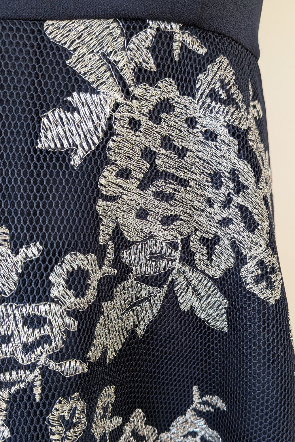 Review Navy & Silver Metallic Embroidered Lace Off The Shoulder Dress Size 12