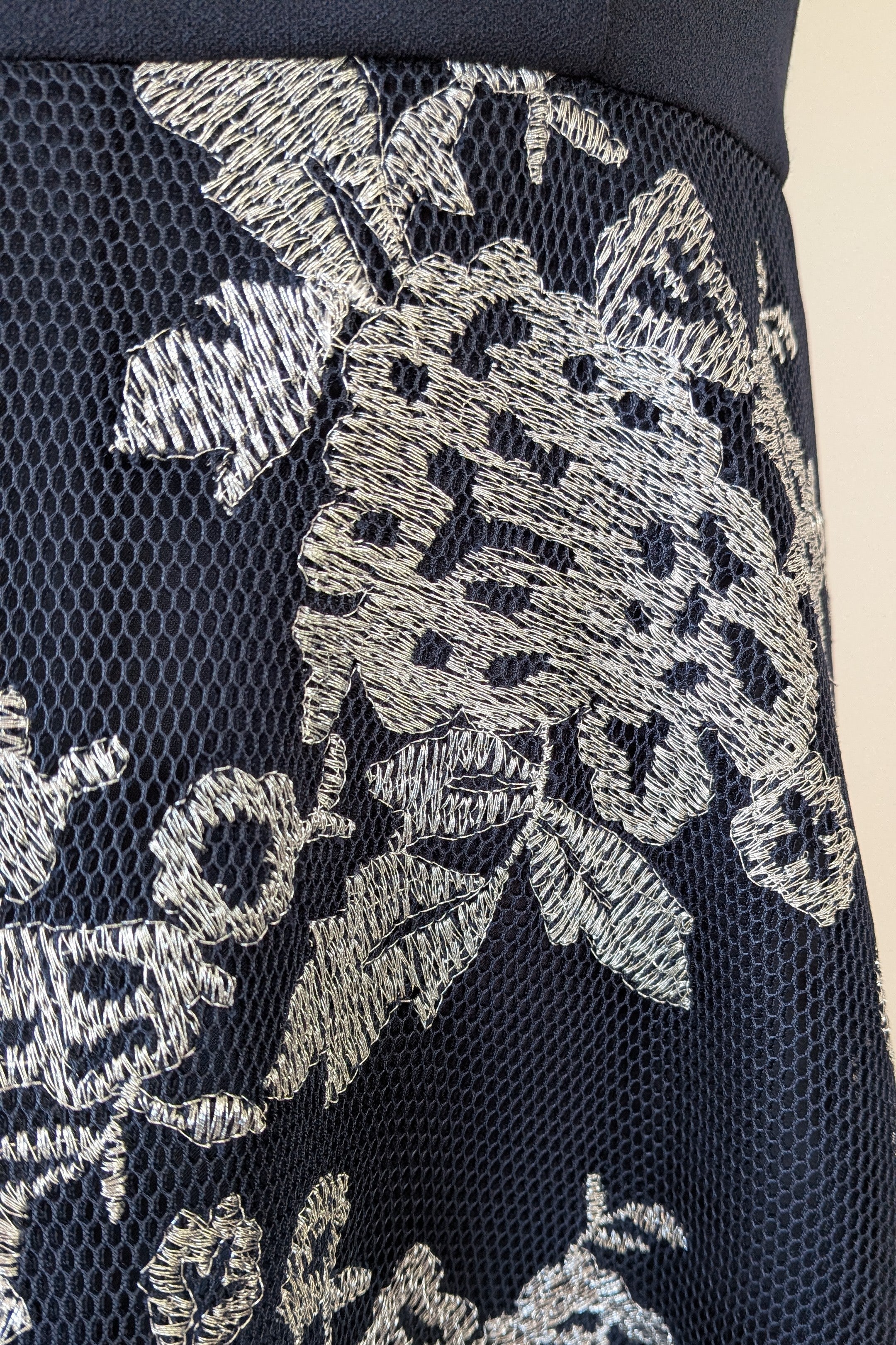 Review Navy & Silver Metallic Embroidered Lace Off The Shoulder Dress Size 12