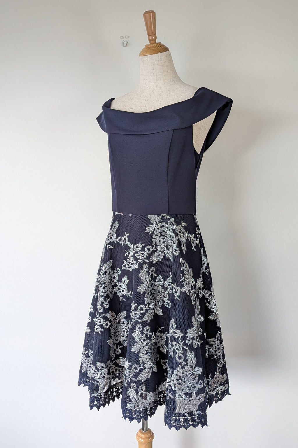 Review Navy & Silver Metallic Embroidered Lace Off The Shoulder Dress Size 12